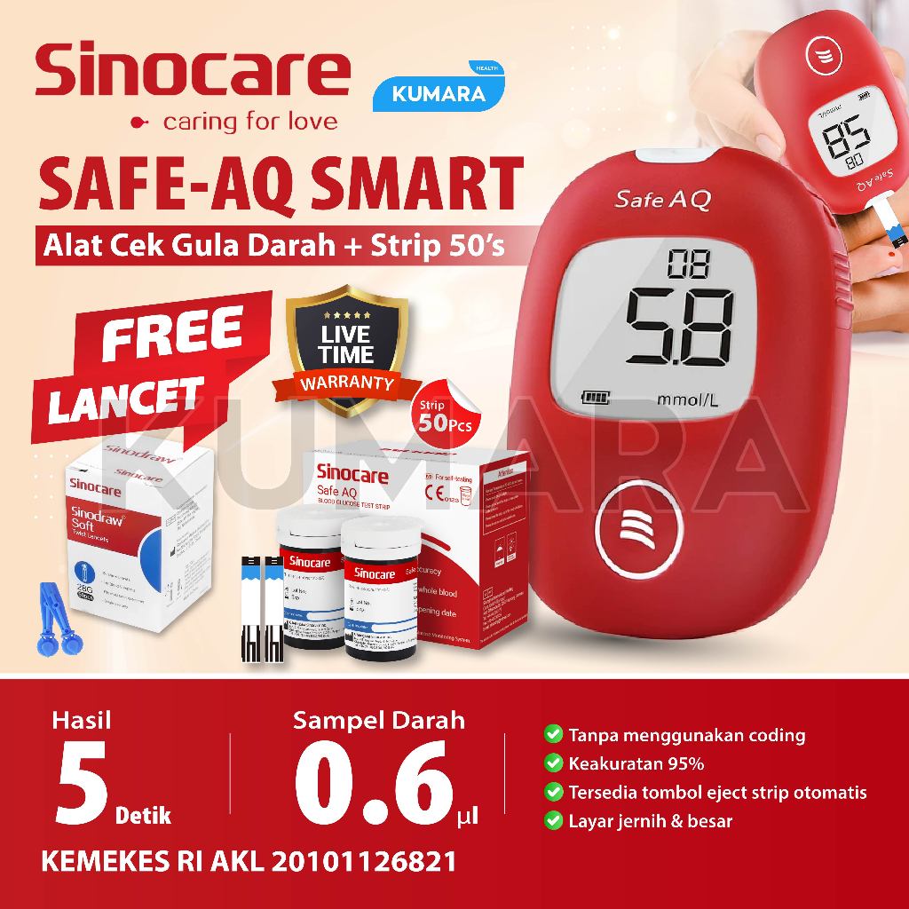 SINOCARE - Safe AQ Smart Alat Cek Gula Darah + Strip 50's 1 SINOCARE - Safe AQ Smart Alat Cek Gula Darah + Strip 50's
