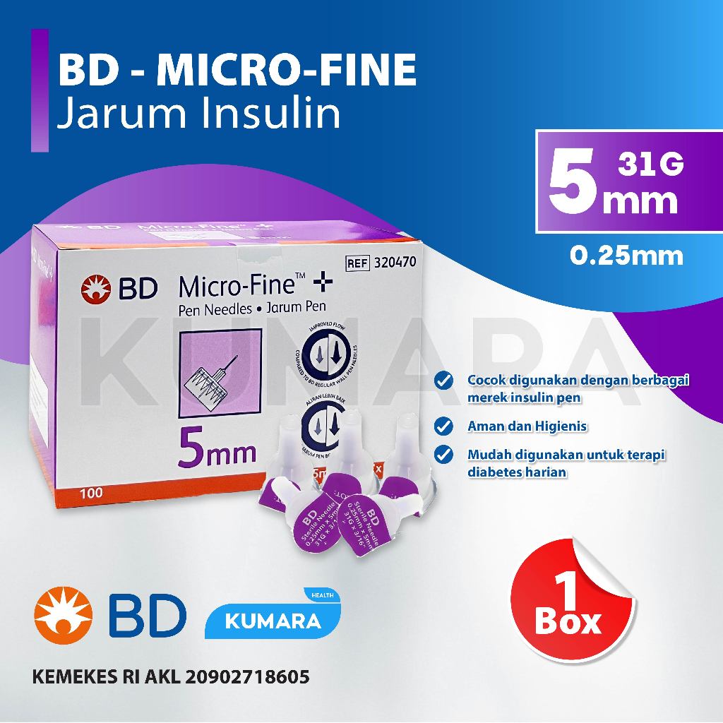 BD - MicroFine 5mm 31G Jarum Insulin Ungu | Insulin Pen Needle Box isi 100's | KUMARA 1 BD - MicroFine 5mm 31G Jarum Insulin Ungu | Insulin Pen Needle Box isi 100's | KUMARA