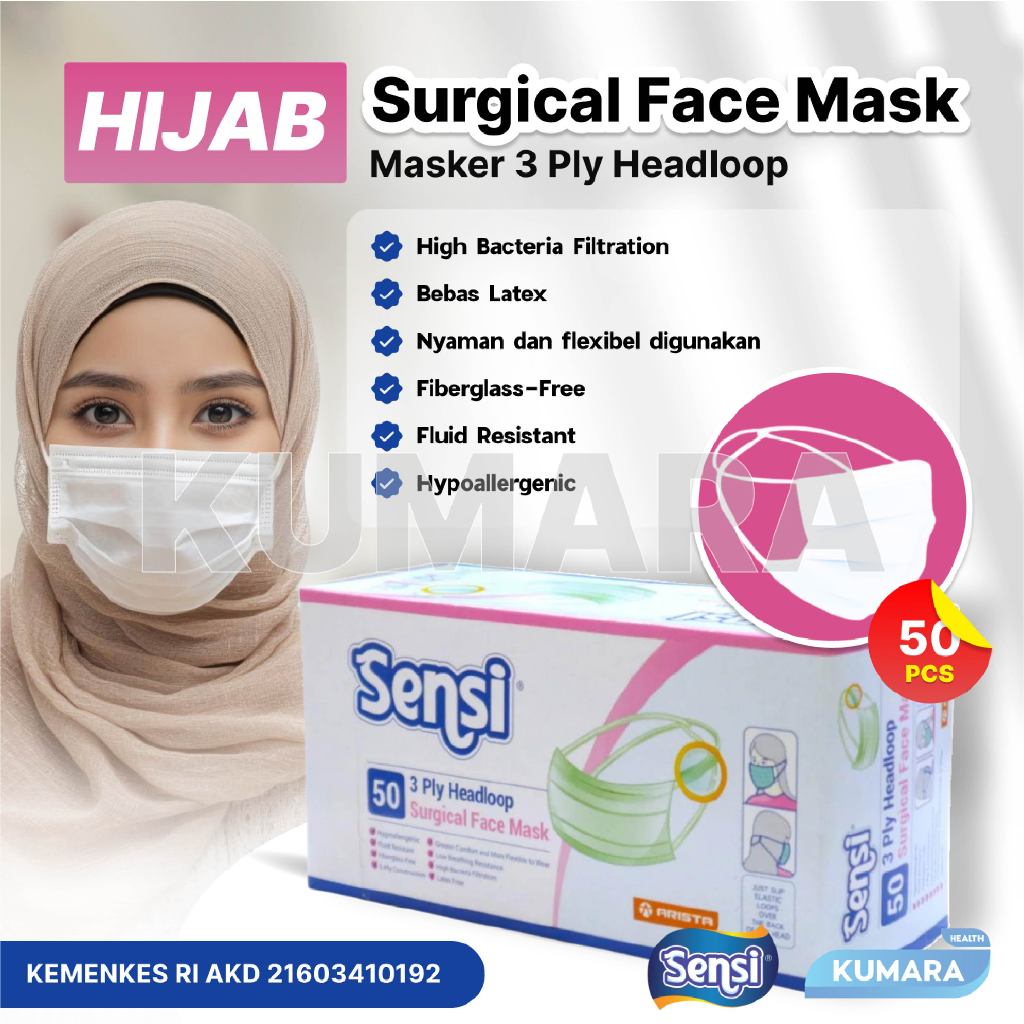 SENSI - Masker Headloop Medis 3 ply isi 50'S / Masker Hijau Medis Surgical Box 1 SENSI - Masker Headloop Medis 3 ply isi 50'S / Masker Hijau Medis Surgical Box