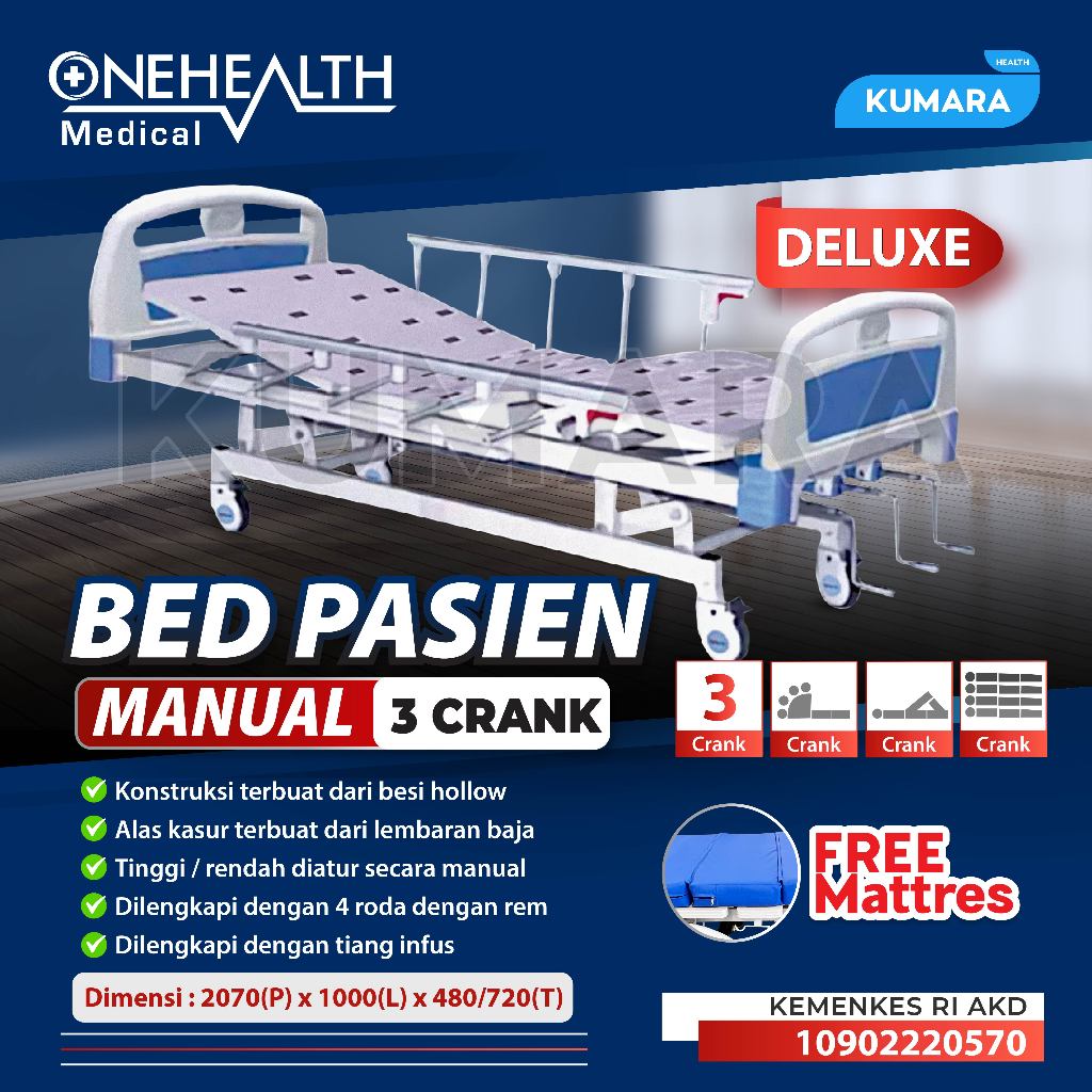 ONEHEALTH - Hospital Bed Manual 3 Crank Delux / Bed Pasien Manual3 Engkol 1 ONEHEALTH - Hospital Bed Manual 3 Crank Delux / Bed Pasien Manual3 Engkol