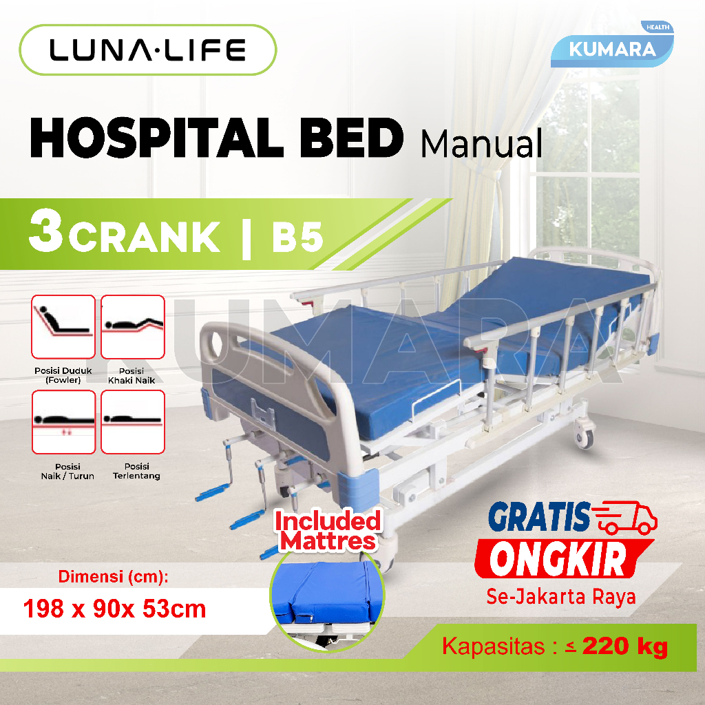 LUNA LIFE - Hospital Bed 3 Crank B5 / Bed Pasien 3 Engkol 1 LUNA LIFE - Hospital Bed 3 Crank B5 / Bed Pasien 3 Engkol
