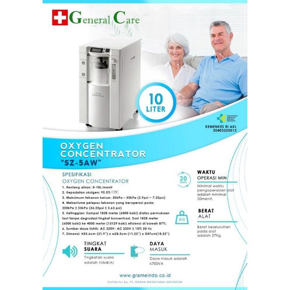 GENERAL CARE - Oxygen Concentrator 10 Liter SZ-5AW / Alat Penghasil Oksigen & Nebulizer 2 GENERAL CARE - Oxygen Concentrator 10 Liter SZ-5AW / Alat Penghasil Oksigen & Nebulizer - Image 2