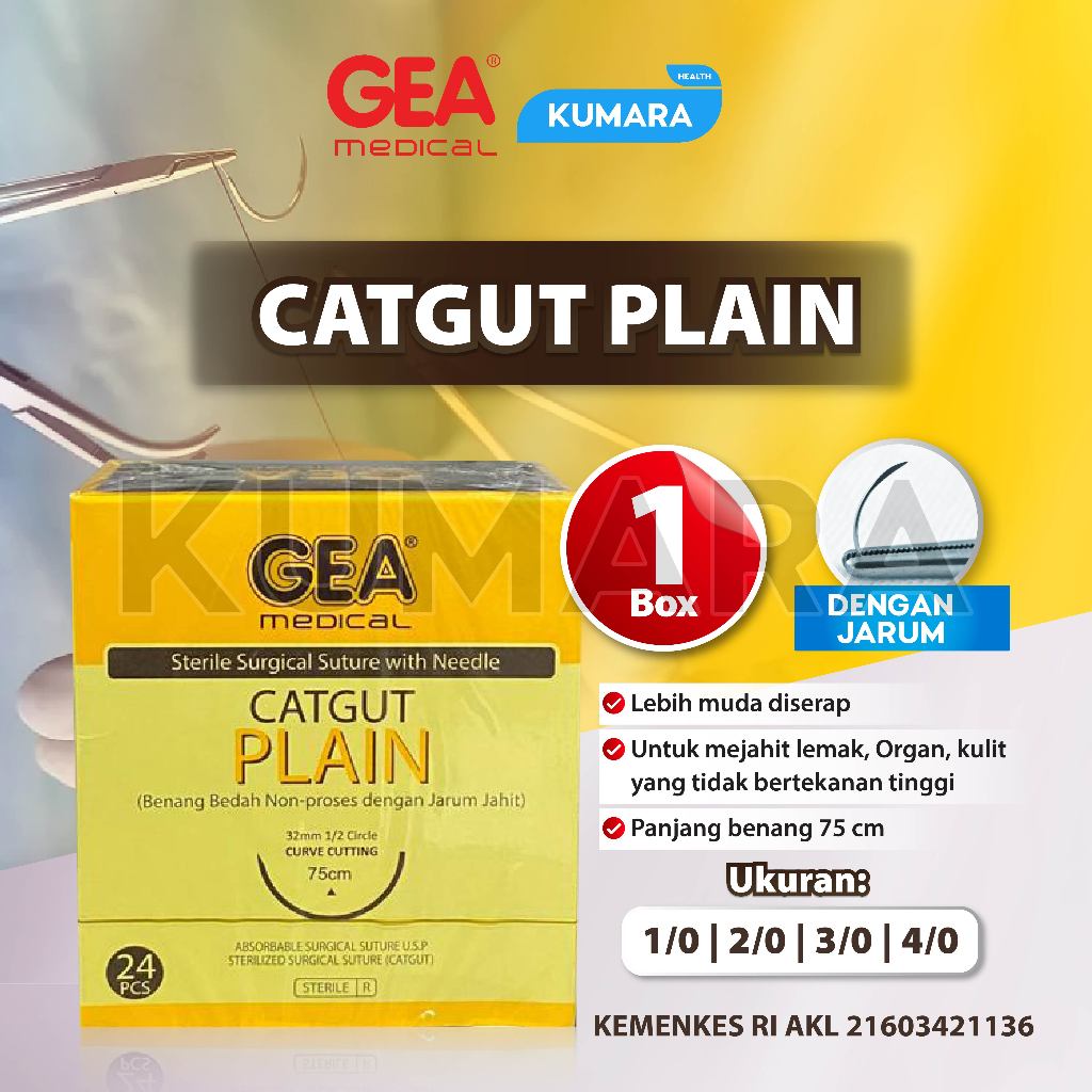 GEA - Catgut Plain + Needle / Benang Jahit Bedah + Jarum Catgut Plain BOX 1 GEA - Catgut Plain + Needle / Benang Jahit Bedah + Jarum Catgut Plain BOX