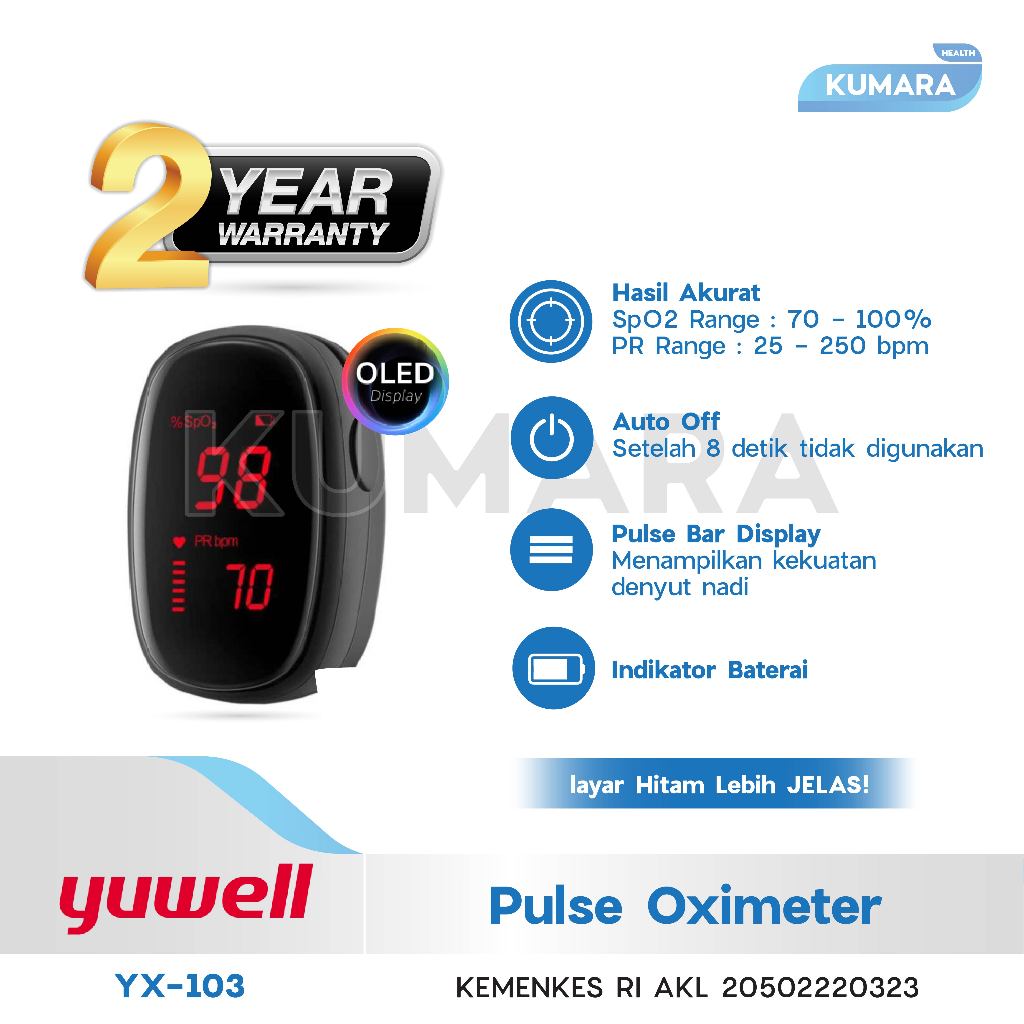 YUWELL - Pulse Oximeter YX 103 / Alat Cek Saturasi Oksigen 4 YUWELL - Pulse Oximeter YX 103 / Alat Cek Saturasi Oksigen - Image 4