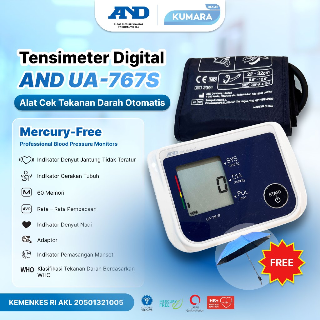 A&D - Tensimeter Digital AND UA-767S Alat Cek Tekanan Darah Otomatis - Free Payung 1 A&D - Tensimeter Digital AND UA-767S Alat Cek Tekanan Darah Otomatis - Free Payung