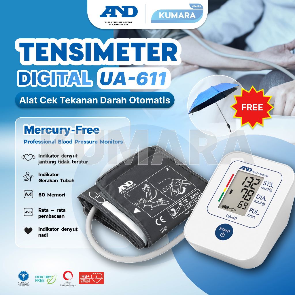 A&D - Tensimeter Digital AND UA-611 Alat Cek Tekanan Darah Otomatis - Free Payung 1 A&D - Tensimeter Digital AND UA-611 Alat Cek Tekanan Darah Otomatis - Free Payung