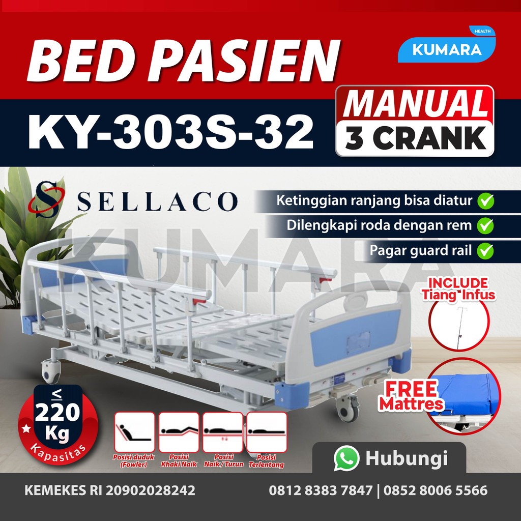 SELLA - Hospital Bed 3 Crank KY 303S-32 / Bed Pasien 3 Engkol 1 SELLA - Hospital Bed 3 Crank KY 303S-32 / Bed Pasien 3 Engkol