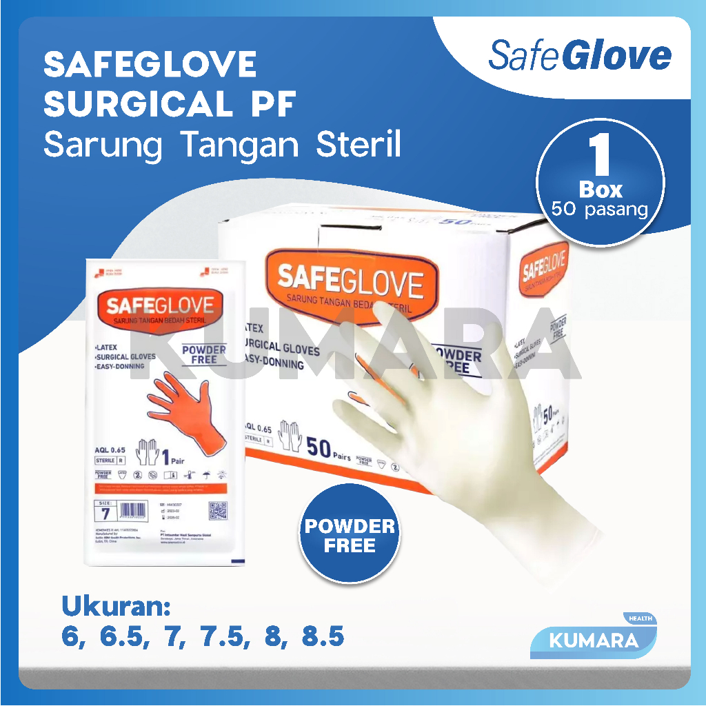 SAFEGLOVE - Sarung Tangan Steril Powder Free / Surgical Glove Sterile Box isi 50's 1 SAFEGLOVE - Sarung Tangan Steril Powder Free / Surgical Glove Sterile Box isi 50's